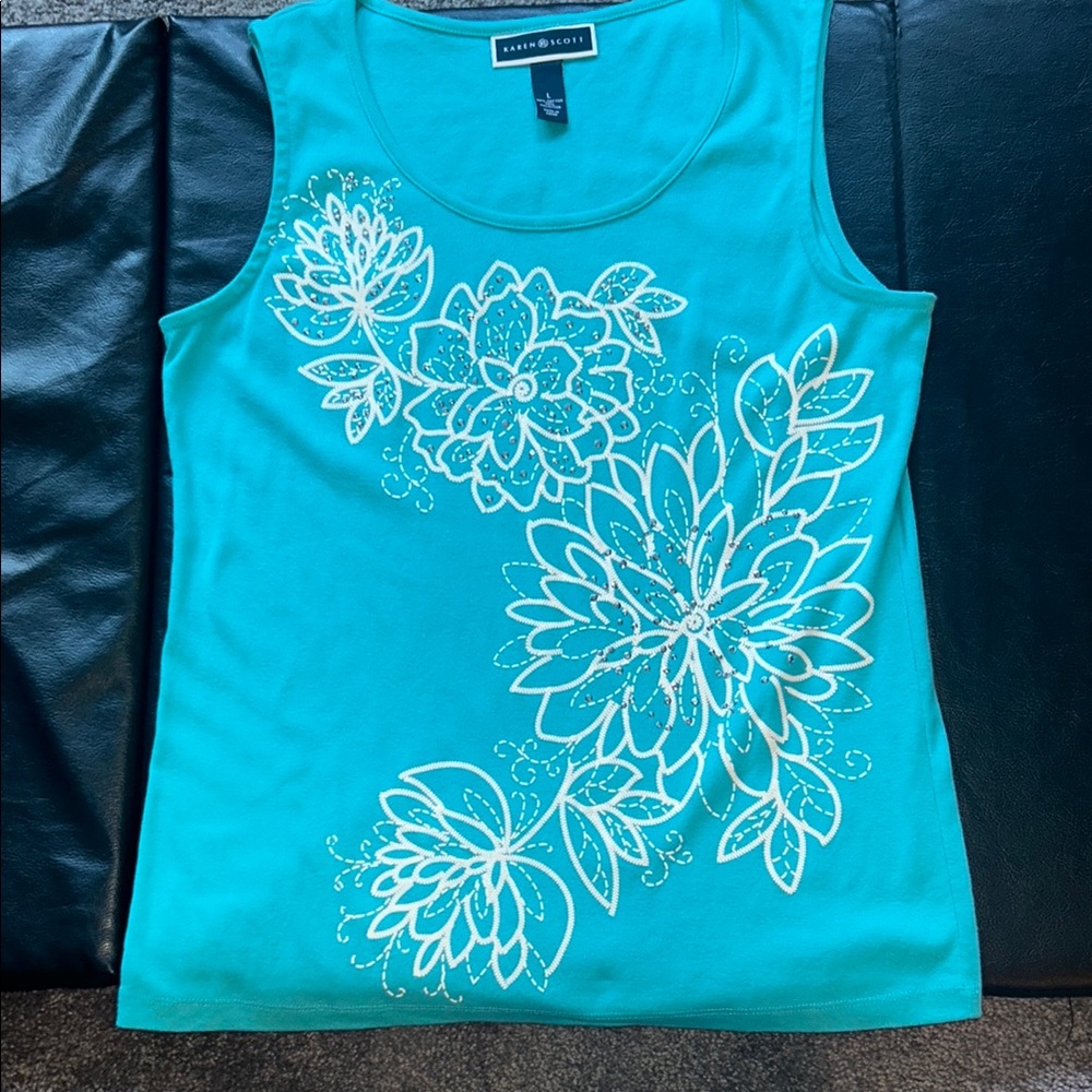 Karen Scott Turquoise Floral Tank Top with White Print
